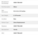 2016-2018 Honda Civic 53651-TBA-A01 Motor (eps)(service). Fixed Price $2000.00.